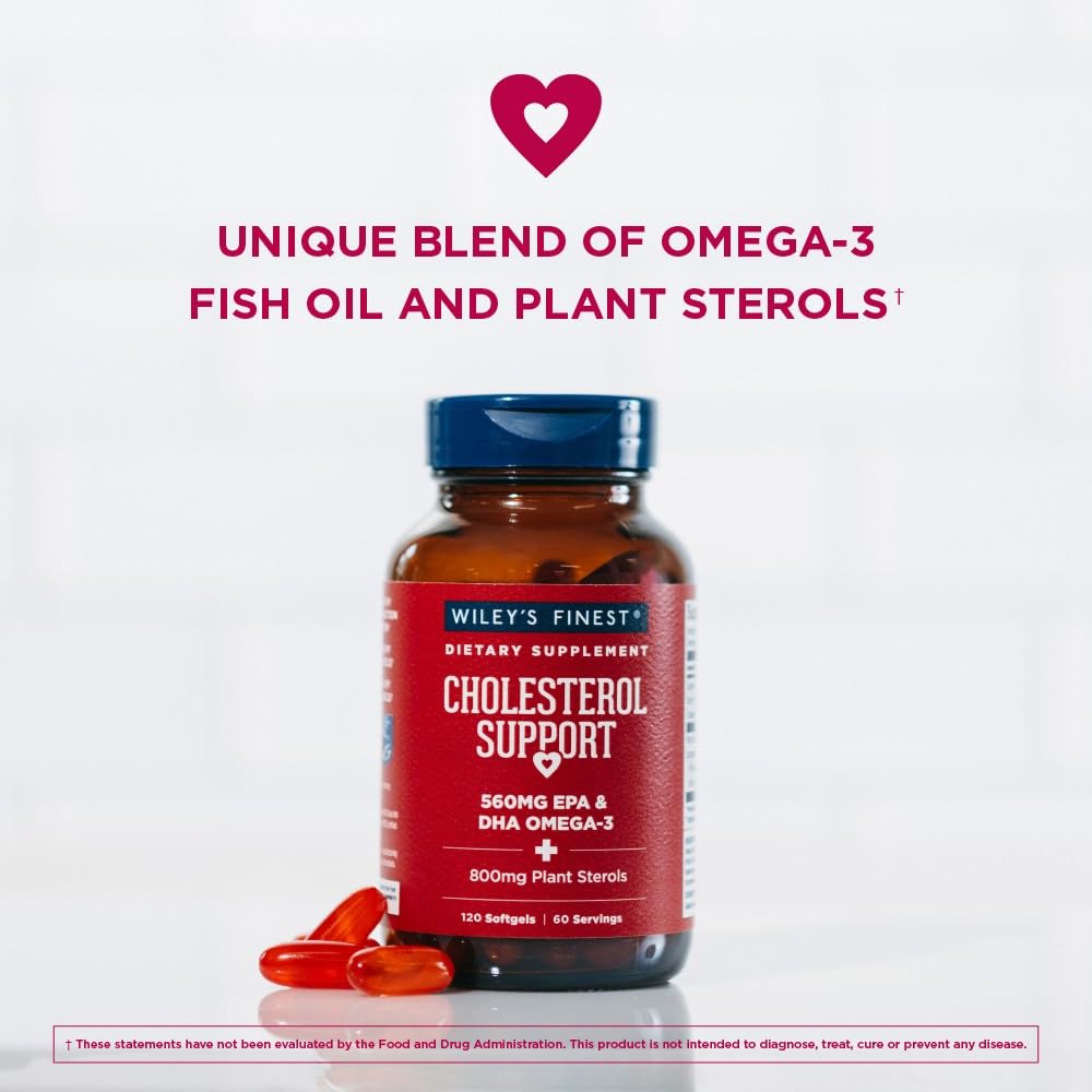 Wiley's Finest Wild Alaskan Fish Oil Cholesterol Support - Heart Health Supplement for Men and Women - 560mg Omega-3s Softgels 120 Count