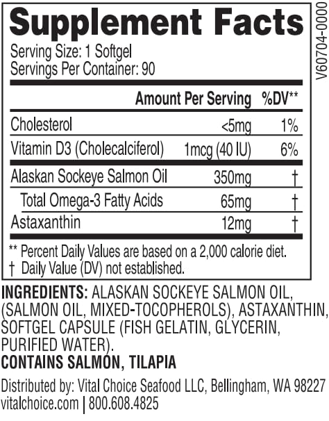Vital Choice MSC Astaxanthin in Wild Alaskan Sockeye Salmon Oil Dietary Supplement Softgels, 90 Count
