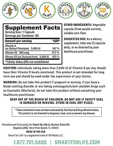 Smart for Life ADK Vitamins Vitamin D3, K2 and A Capsule, 90 Count