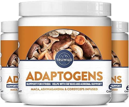 TruWild Adaptogens Vegan Capsule Supplement with Ashwagandha and Maca with Full Spectrum Mushrooms, 180 Capsules