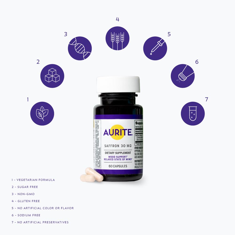 Aurite Saffron Supplement Capsule, 60 Count, 30 mg Saffron