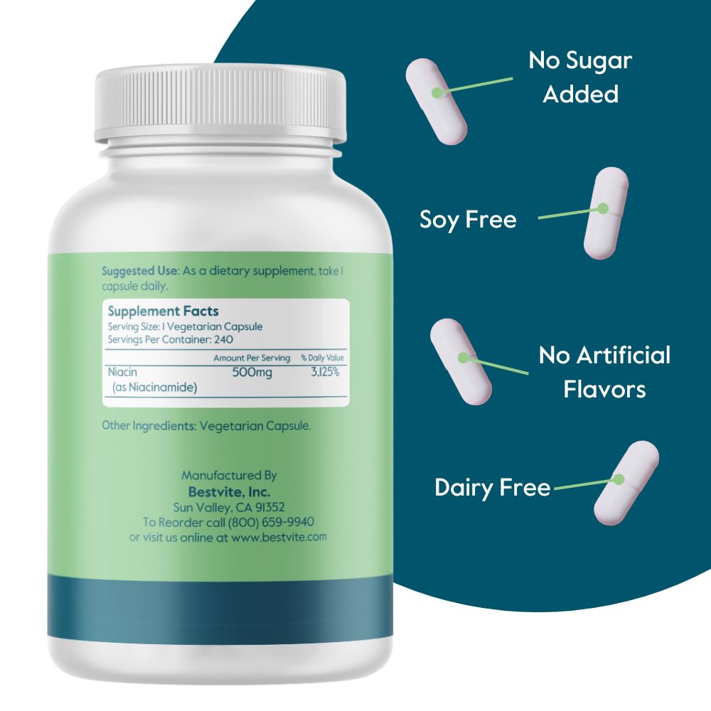 BESTVITE Filler-Free Niacinamide 500mg Capsules, 240 Count