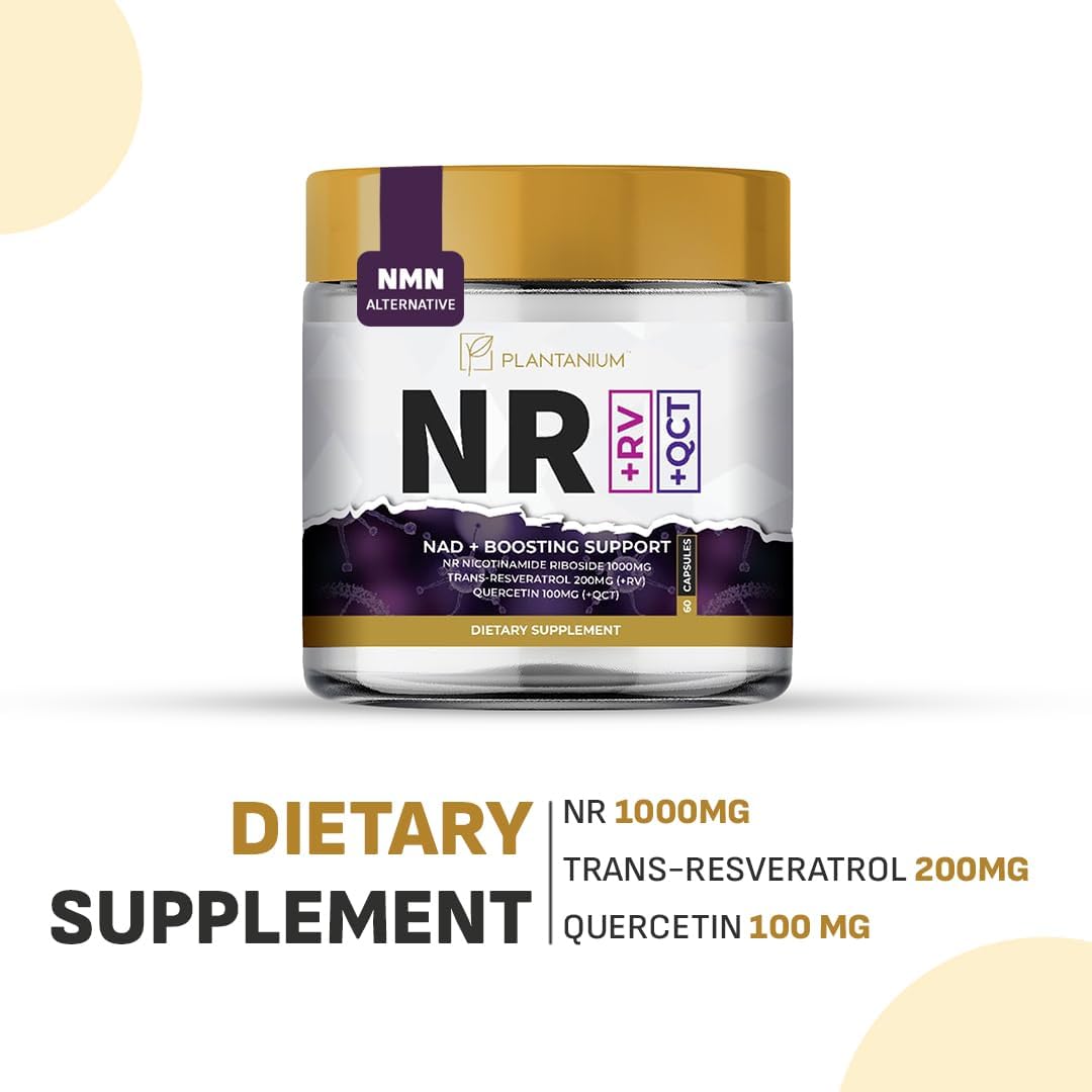 Plantanium NAD+ 1000mg Triple Action Nicotinamide Riboside (NR) with Trans-Resveratrol 200mg & Quercetin 100mg Anti-Aging Energy Focus Capsules 60 Count