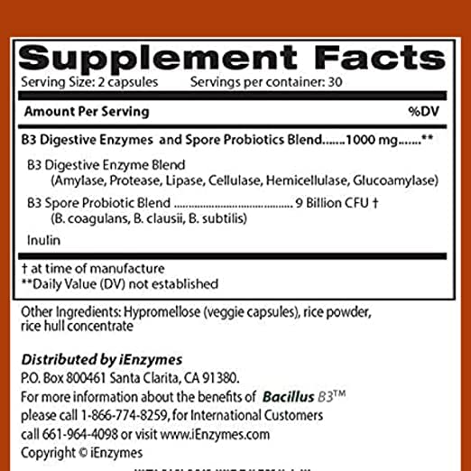 iEnzymes Bacillus B3 Spore-Based Probiotic + Enzymes for Gut Health & Microbiome Support, Shelf-Stable Daily Probiotic with Bacillus Coagulans, Bacillus Subtilis & Bacillus Clausii, 60 Capsules