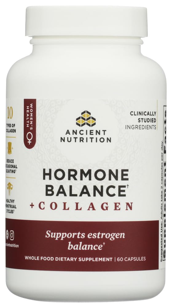 Ancient Nutrition Hormone Balance + Collagen Supplement, Hydrolyzed Collagen Peptides, Key Clinically Validated Ingredient to Support Balanced Hormones and Boost Energy, 60 Capsules