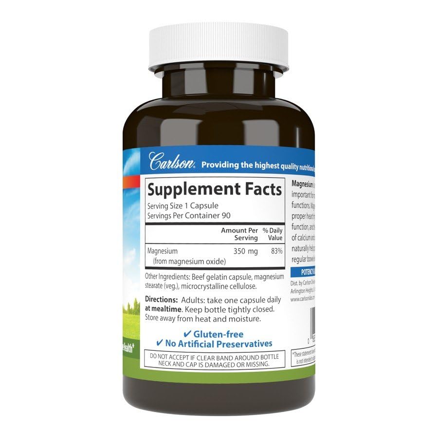 Carlson Magnesium 350 mg Heart and Muscle Health, 90 Capsules