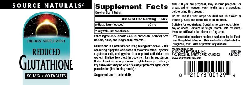 Source Naturals Reduced Glutathione 50 mg Tablet, 60 Tablets