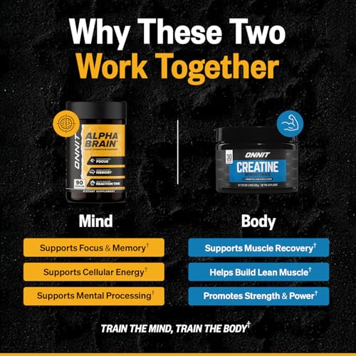 ONNIT Alpha Brain Nootropic Capsules (90 Count) + Creatine Monohydrate Powder (30 Servings) Pack of 2