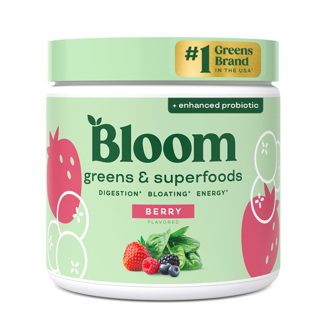 Bloom Nutrition Superfood Greens Powder with Digestive Enzymes, Probiotics & Prebiotics, Gut Health, Chlorella & Beet Root Powder, Berry, 30 Servings
