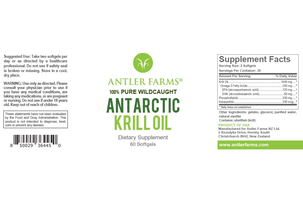 Antler Farms 100% Pure Wild Caught Antarctic Krill Oil from Cold, Pristine Waters Softgels 60 Count