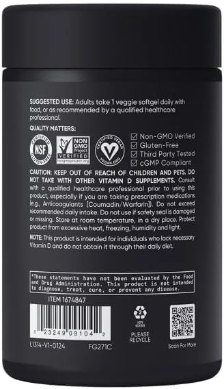 Generic Sports Vitamin D3 K2 with 5000iu Plant-Based D3 & 100mcg Vitamin K2 as MK-7, Non-GMO Verified & Vegan Certified Softgels, 160 Count