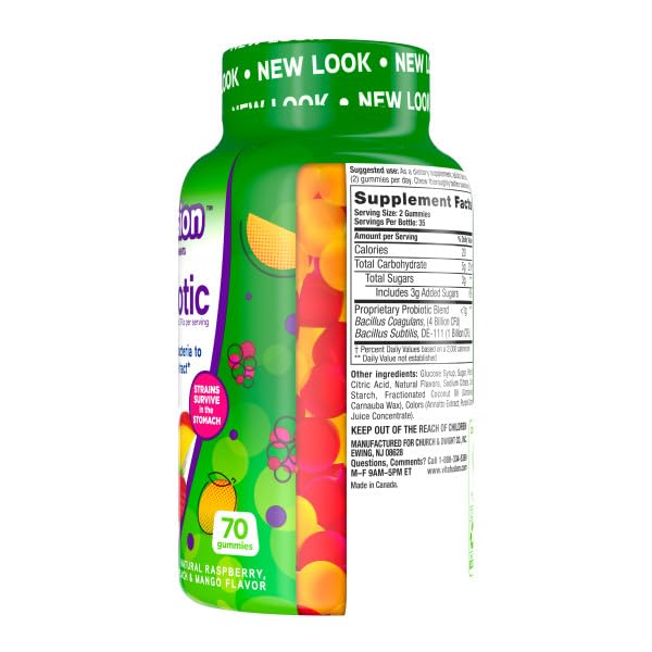 Vitafusion Probiotic Gummies Supplement, 5 Billion CFUs per Serving, Gluten-Free, Natural Raspberry, Peach & Mango Flavors, 140 Gummies