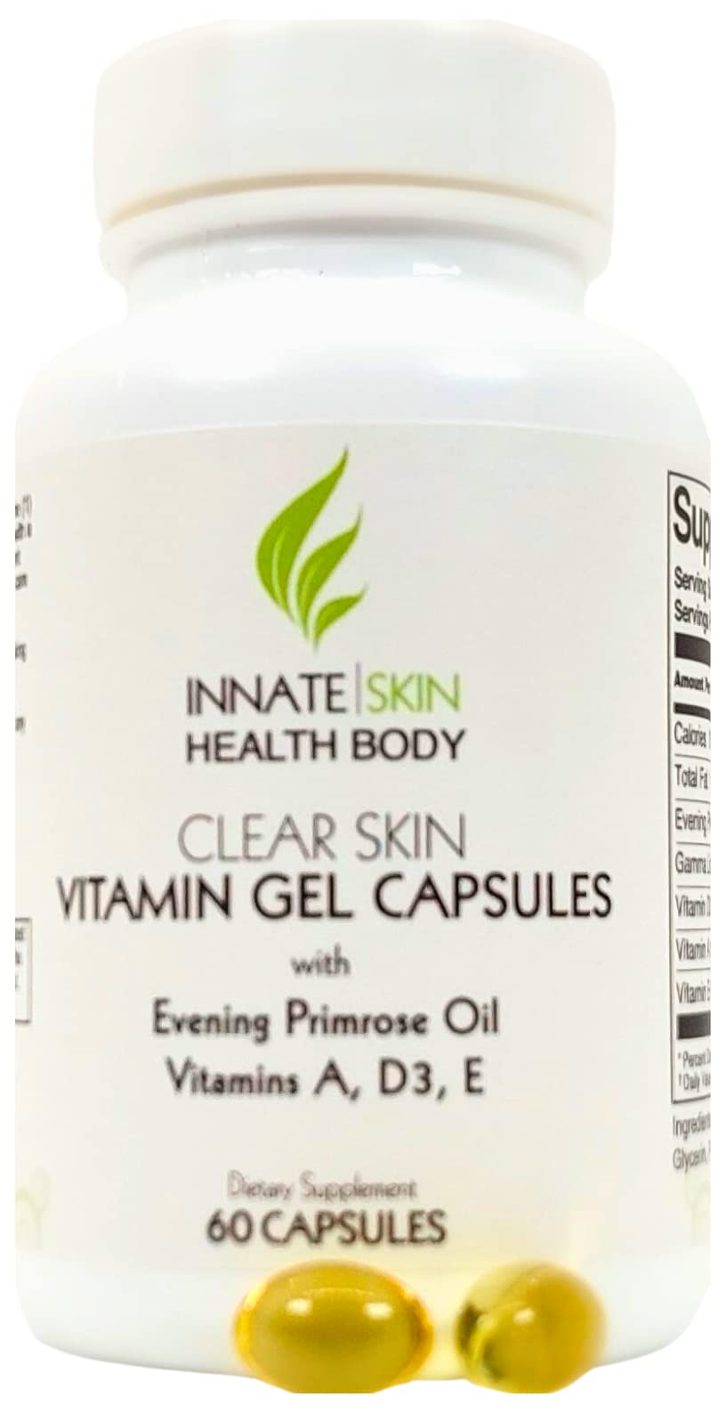Innate Skin Clear Skin Acne Vitamin Gel Capsules with Evening Primrose Oil, Vitamin A, D (D3) & E, All Natural Complexion Supplement, 60 Capsules