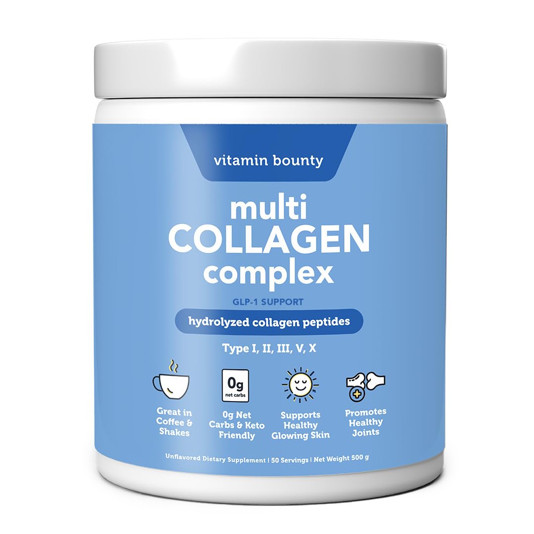 Vitamin Bounty Multi Collagen Complex Hydrolyzed Collagen Peptides Types I, II, III, V & X - Supports Skin Elasticity, Joint Health, Hair & Nail Growth Powder, 50 Servings