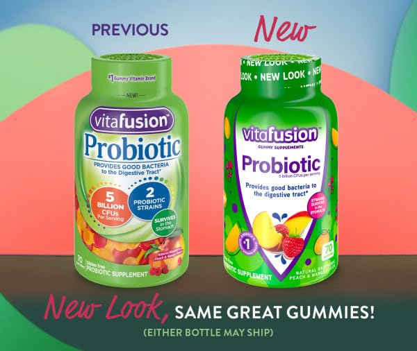 Vitafusion Probiotic Gummies Supplement, 5 Billion CFUs per Serving, Gluten-Free, Natural Raspberry, Peach & Mango Flavors, 140 Gummies