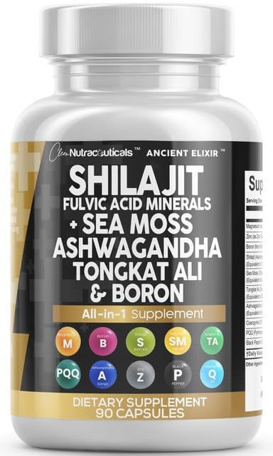 Clean Nutraceuticals Shilajit Supplement for Men with Sea Moss, Tongkat Ali, Ashwagandha, Boron, Zinc, CoQ10, PQQ - Fulvic Acid Capsules, 90 Count
