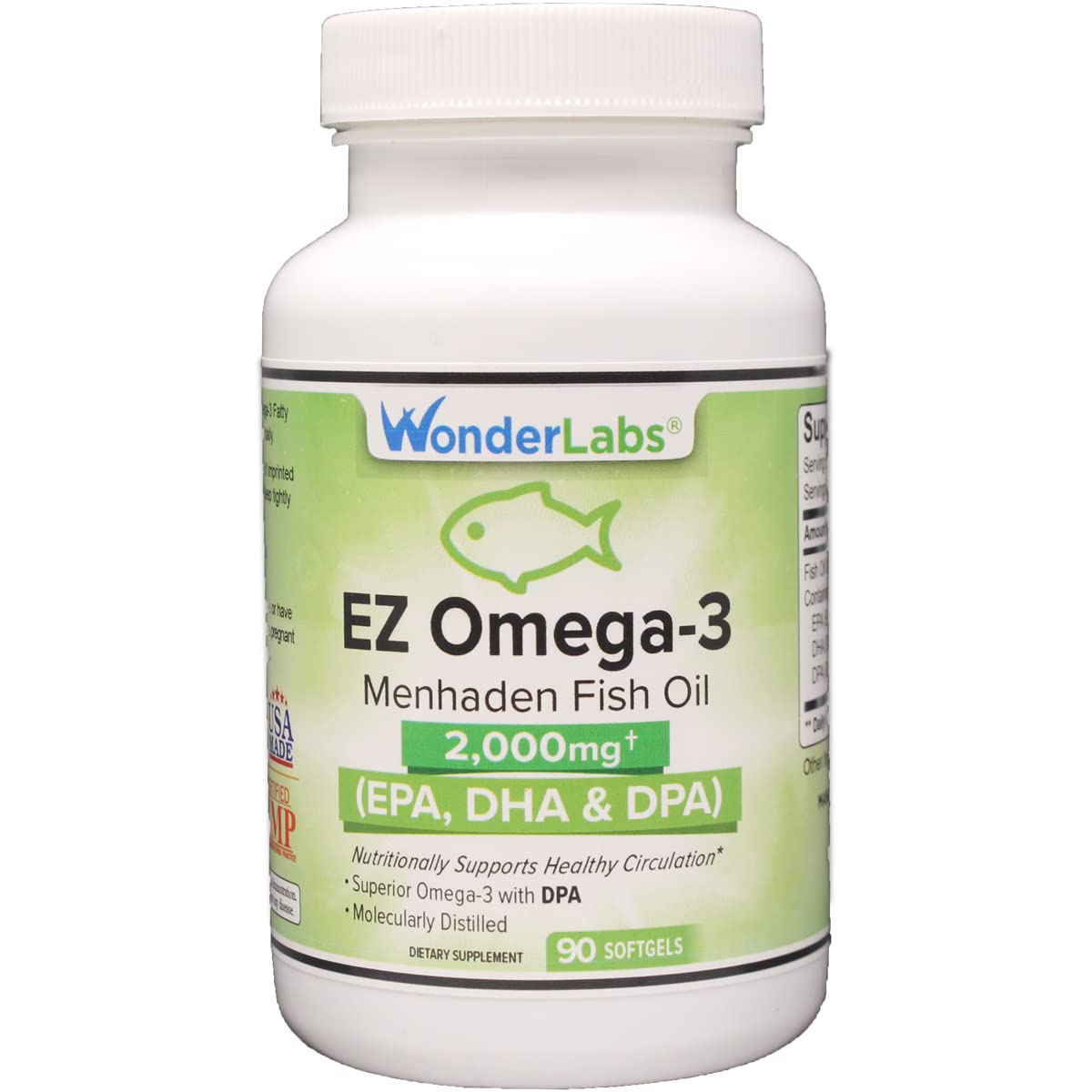 Wonder Laboratories Atlantic Menhaden Fish Oil Omega-3 2000 mg, Burpless, Made in The USA, Perfect Balance of EPA+ DHA + DPA 90 Softgels