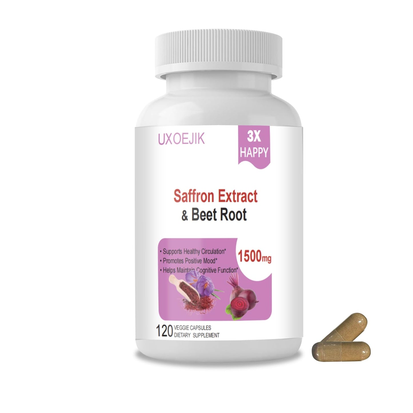 UXOEJIK Saffron Capsule for Mood Support & Happy Mind, 100mg Pure Saffron Extract with Beet Root for Energy & Ashwagandha for Focus, 120 Count