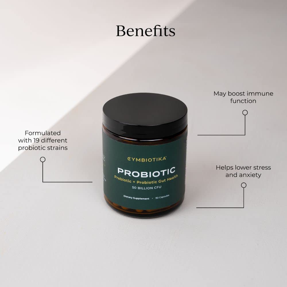 CYMBIOTIKA Probiotic + Prebiotic, 60 Billion CFU - 19 Strains, Gut Health Supplement for Women & Men, Immune Support, Digestive Health, & Gut Balance, 90 Capsules