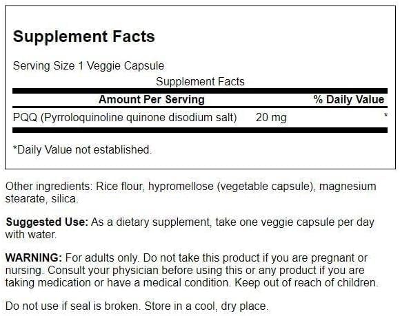 Swanson PQQ Pyrroloquinoline Quinone 20 mg Vegan Capsules 30 Count