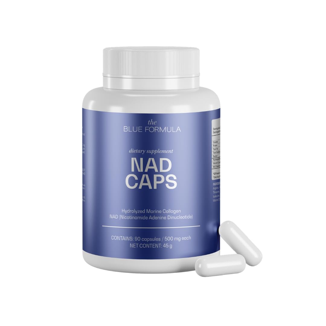 The Blue Formula NAD Caps NAD (Nicotinamide Adenine Dinucleotide) + Hydrolyzed Marine Collagen Daily Supplement, 90 Capsules