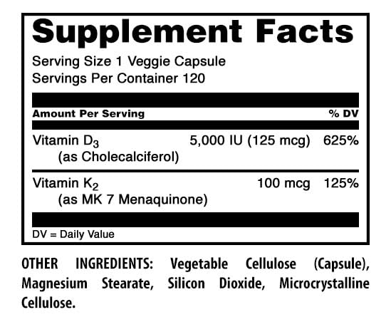 Amazing Nutrition Vitamin D3 5000 IU with Vitamin K2 100 mcg Veggie Capsules, 120 Count