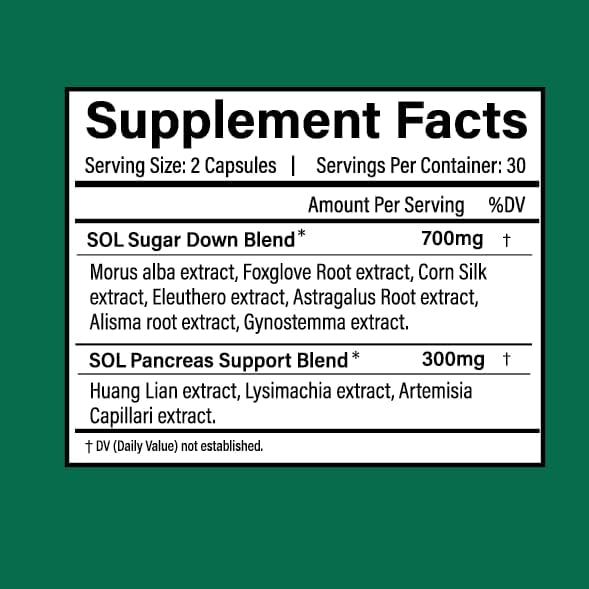 Sol Nutrition Sugar Down: Wellness Supplement with Astragalus & Anthocyanin 60 Capsules