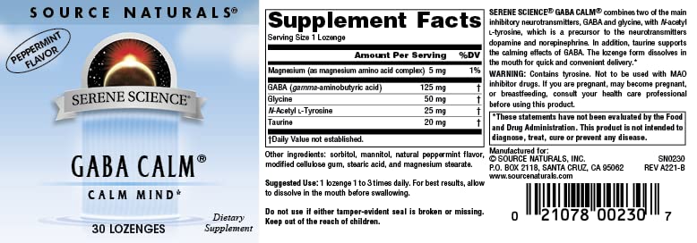 Source Naturals Serene Science GABA Calm Quick Dissolving Peppermint Flavor Lozenges, 30 Count