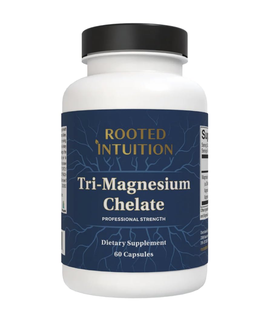 Rooted Intuition Tri-Magnesium Chelate - 3-Form Highly Absorbable Magnesium for Muscle Relaxation, Energy & Heart Support, Gentle on Stomach, Non-GMO Gluten Free, 180 Capsules