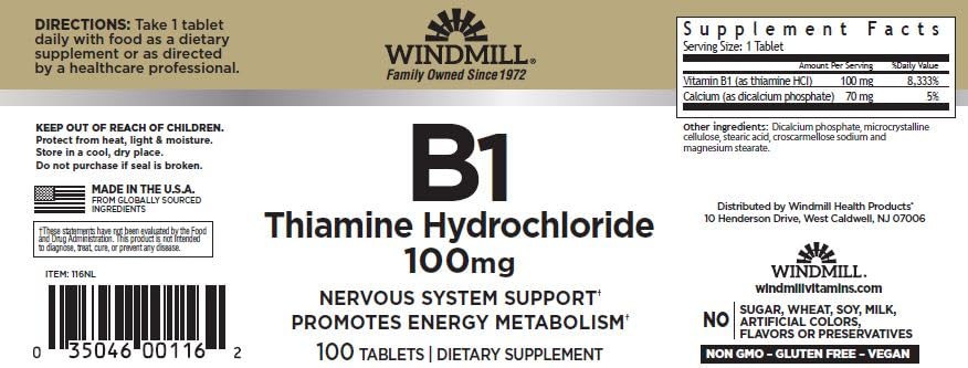 Windmill Vitamin B-1 100 mg Tablet, 100 Count