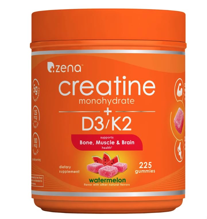 Zena Nutrition Creatine Monohydrate Gummies with D3 & K2 for Men and Women, Supports Bone, Muscle, & Cognitive Health, Watermelon Flavor, 225 Gummies