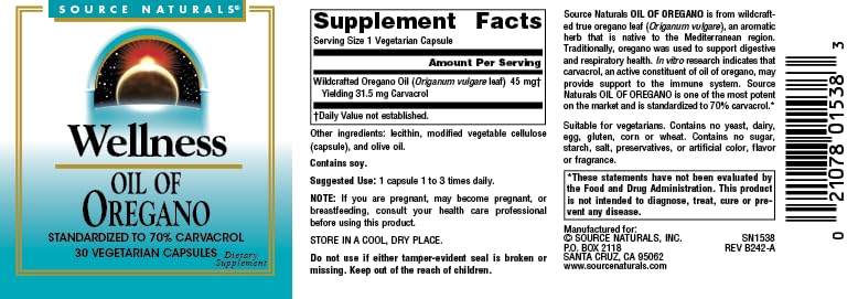 Source Naturals Wellness Oil of Oregano, Standardized to 70% Carvacrol*, 30 Capsules
