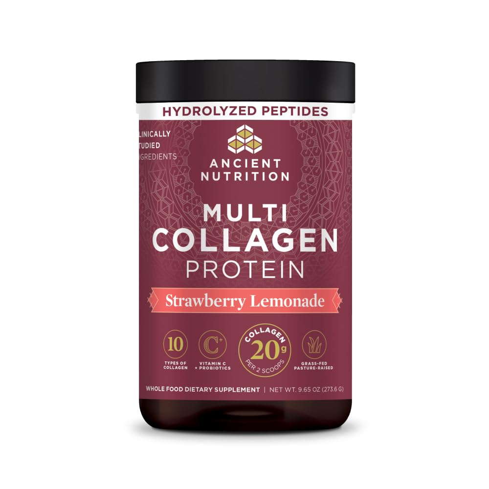 Ancient Nutrition Collagen Peptides Powder, Multi Collagen Protein, Strawberry Lemonade, 24 Servings