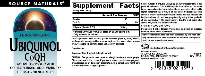 Source Naturals Ubiquinol CoQH 100mg Softgels, 30 Count