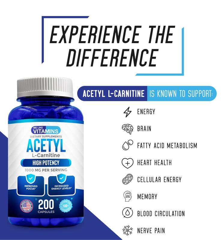 We Like Vitamins Acetyl L-Carnitine 1000mg Capsules, 200 Count
