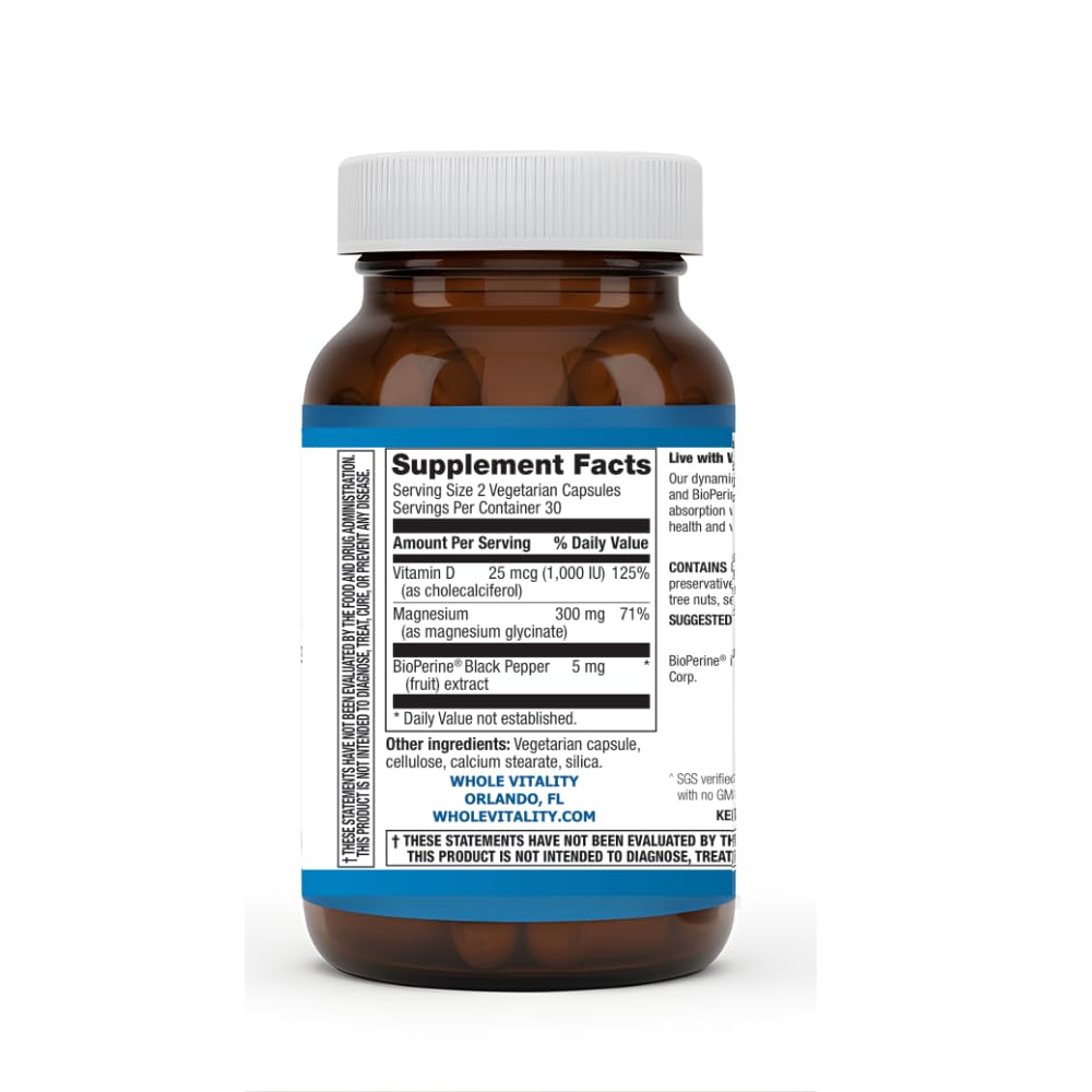 Whole Vitality Magnesium Glycinate 300mg with Vitamin D3 1000 IU, 60 Capsules