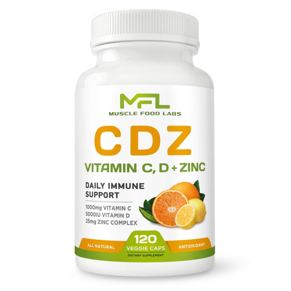 Muscle Food Labs C D Z Vitamin C 1000mg, Vitamin D3 125mcg, Zinc 25mg, Non-GMO & Gluten Free, 120 Vegetarian Capsules