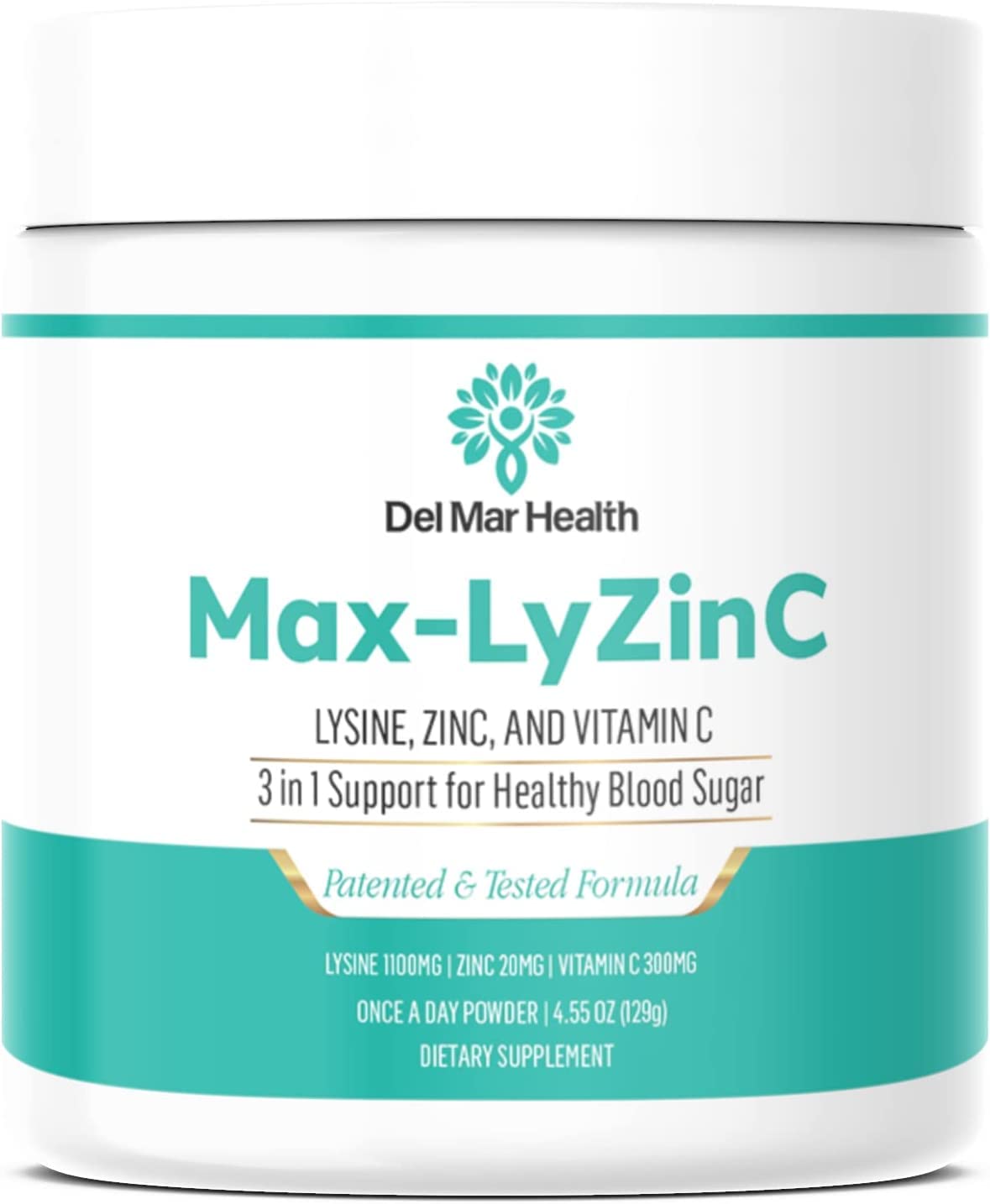 Del Mar Health Max-LyZinC L-Lysine 1100 mg + Zinc 6 mg + Vitamin C 100 mg - 3-in-1 Supplement for Maintaining Blood Sugar Already in The Healthy Range - Powder, 4.55 oz
