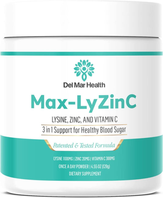 Del Mar Health Max-LyZinC L-Lysine 1100 mg + Zinc 6 mg + Vitamin C 100 mg - 3-in-1 Supplement for Maintaining Blood Sugar Already in The Healthy Range - Powder, 4.55 oz