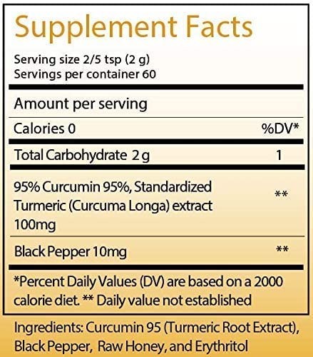 Reddy Naturals Turmeric Curcumin with Black Pepper Piperine – 95% Curcuminoids – Honey Flavored – Joint & Mobility Support – Gluten-Free Non-GMO – 4.2 oz Powder