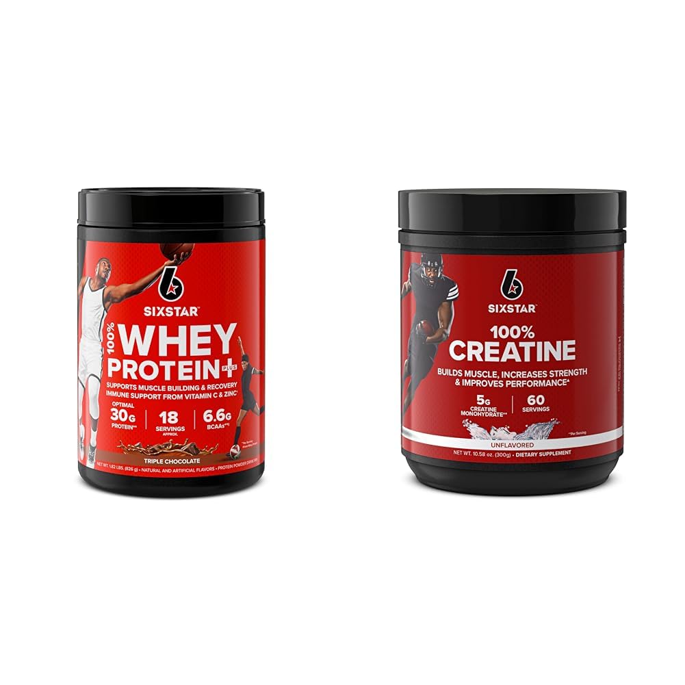 Six Star Elite Series 100% Whey Protein Plus Triple Chocolate Powder, 1.8 lb; Creatine Monohydrate Powder Unflavored, 60 Servings