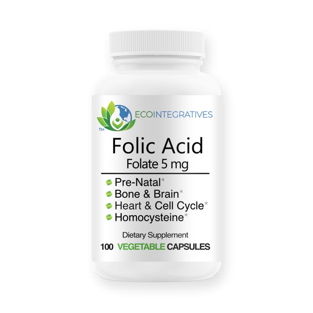 EcoIntegratives Folic Acid Folate 5mg (B9) Prenatal, Reproductive Health, Homocysteine, Metabolism, Cardiovascular, Bone, Immune Support, Allergen Free, Non GMO, 100 Capsules