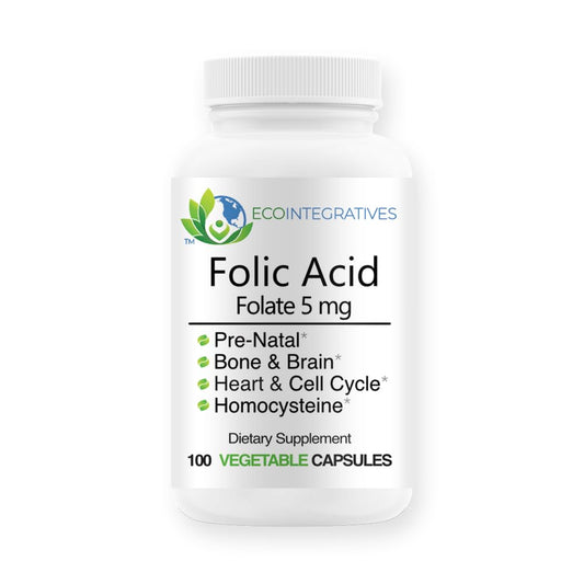 EcoIntegratives Folic Acid Folate 5mg (B9) Prenatal, Reproductive Health, Homocysteine, Metabolism, Cardiovascular, Bone, Immune Support, Allergen Free, Non GMO, 100 Capsules