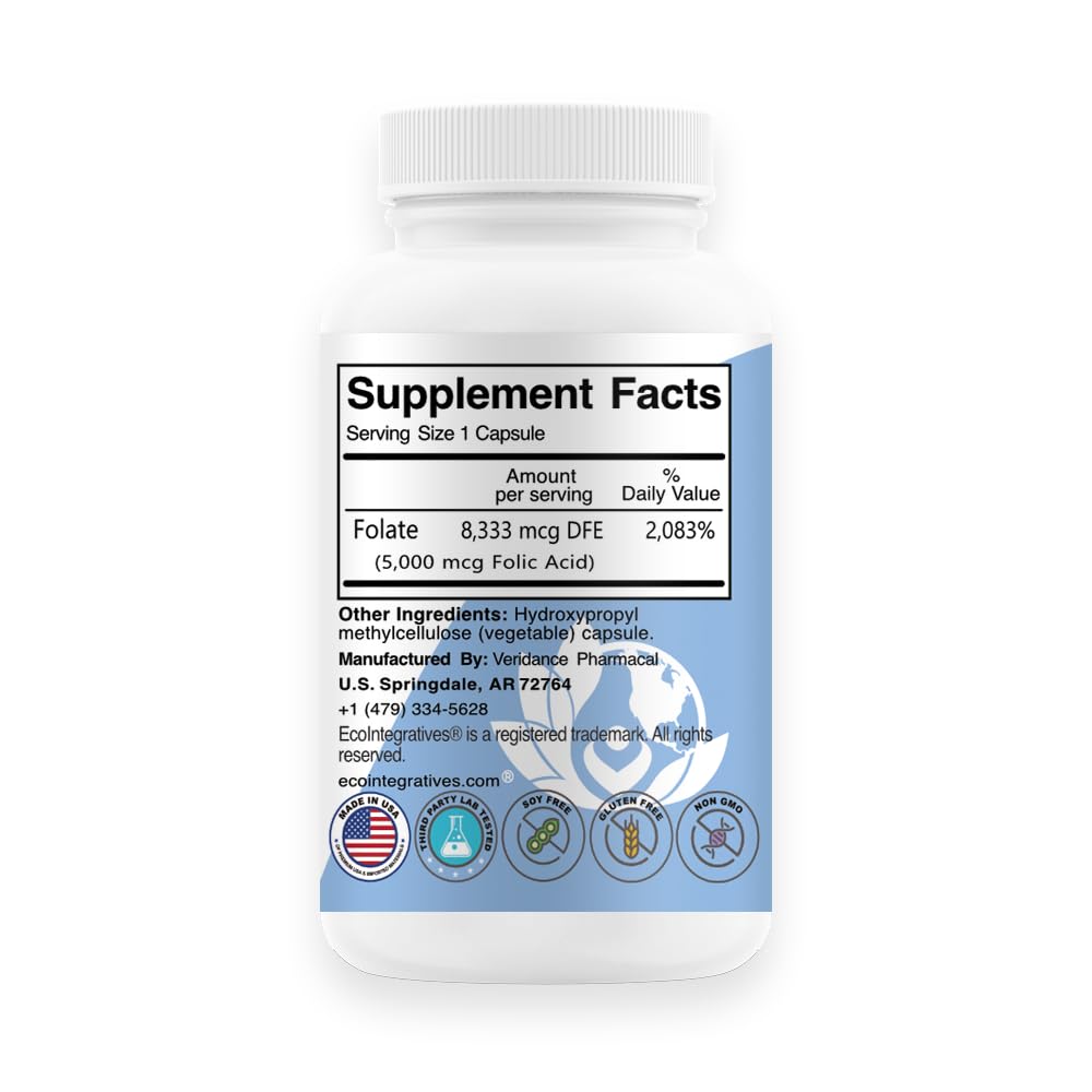 EcoIntegratives Folic Acid Folate 5mg (B9) Prenatal, Reproductive Health, Homocysteine, Metabolism, Cardiovascular, Bone, Immune Support, Allergen Free, Non GMO, 100 Capsules