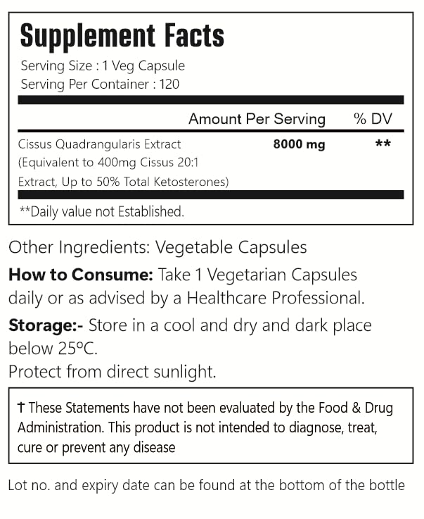 VitaCosmoX Cissus Quadrangularis Extract Capsules, 8000mg, 120 Capsules