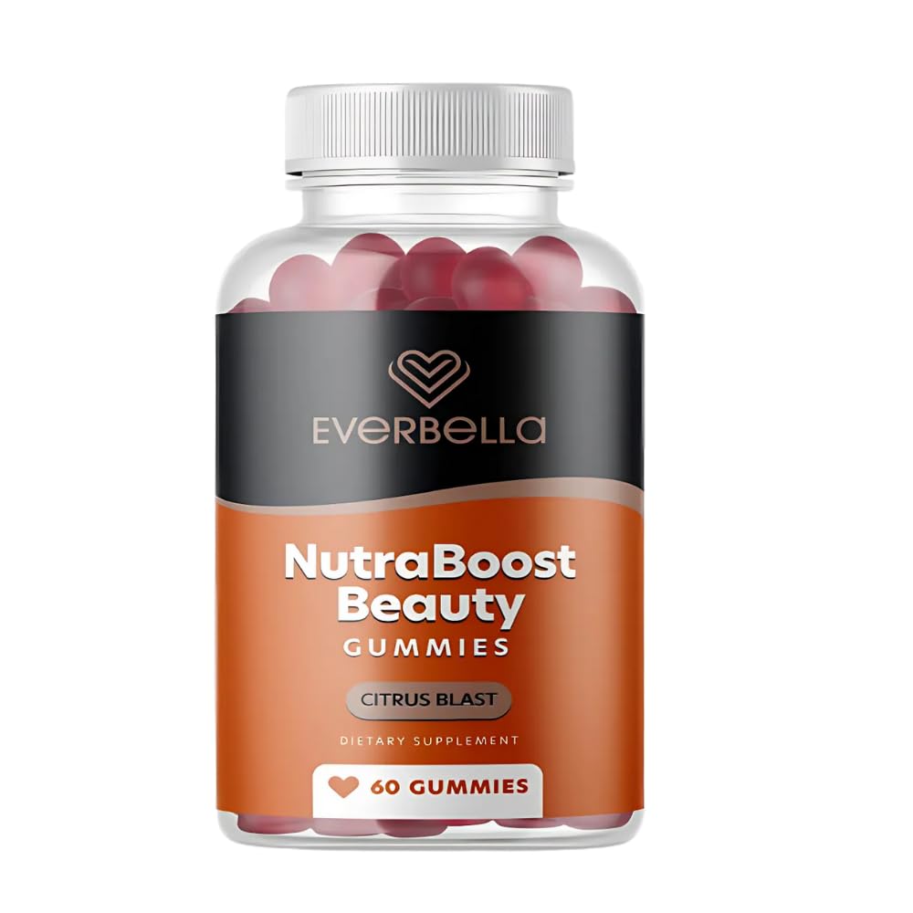 EVERBELLA Nutraboost Beauty Gummies, Biotin (Vitamin B7), Vegan Collagen Booster, Skin Hair & Nails, Vitamins A, E, C, Citrus Flavor, 60 Gummies