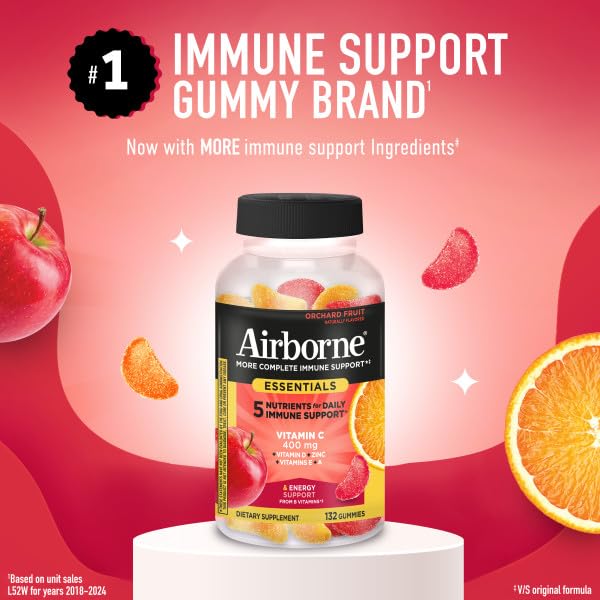 Airborne 400mg Vitamin C Gummies for Adults & Children, Immune Essentials Daily Immune Support Supplement with Vitamins C & E - Orchard Fruit Flavor, 264 Gummies