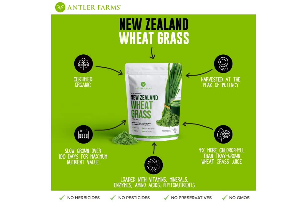 Antler Farms 100% Pure Organic New Zealand Wheatgrass Powder, 7 oz