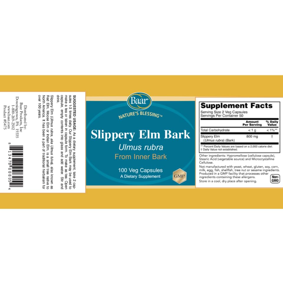 Baar Nature's Blessing Slippery Elm Bark Capsules, 100 Count