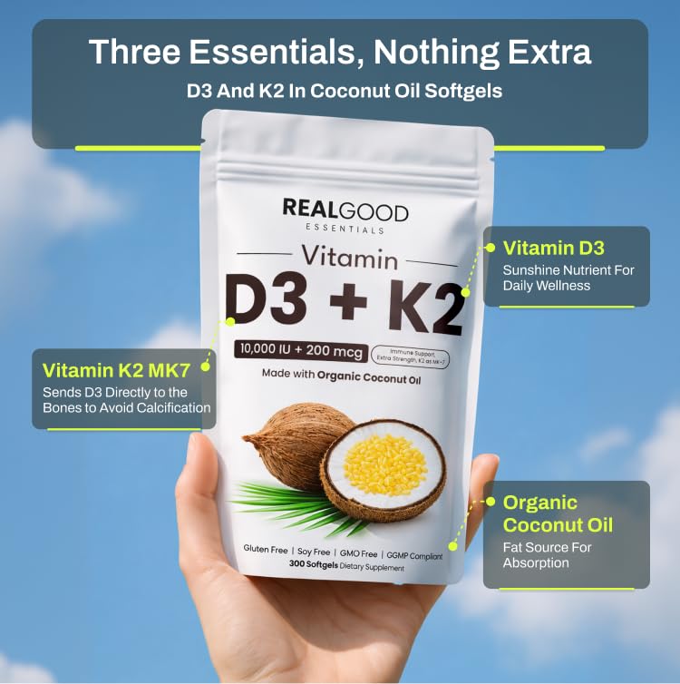 REAL GOOD ESSENTIALS Vitamin D3 K2 Softgel Capsules, 300 Count